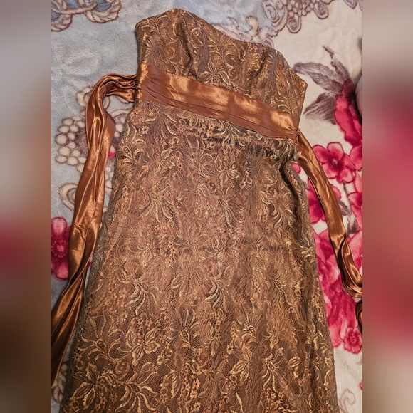 Bari Jay Dresses & Skirts - Vintage Elegant Brown And Gold Lace Strapless Dress Evening Gown With Silk Strap